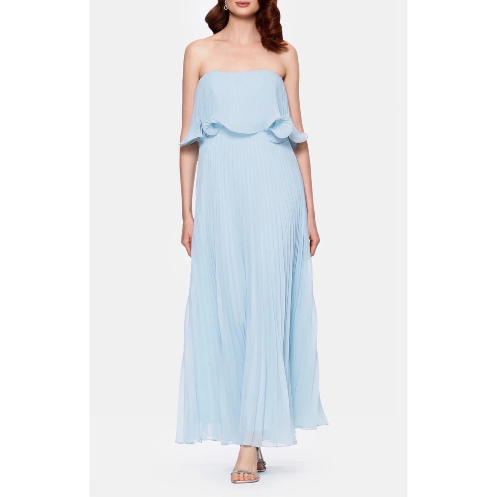 Betsy& Adam Light Blue Pleated Ruffle sleeveless Maxi Gown Dress Women 6 chiffon